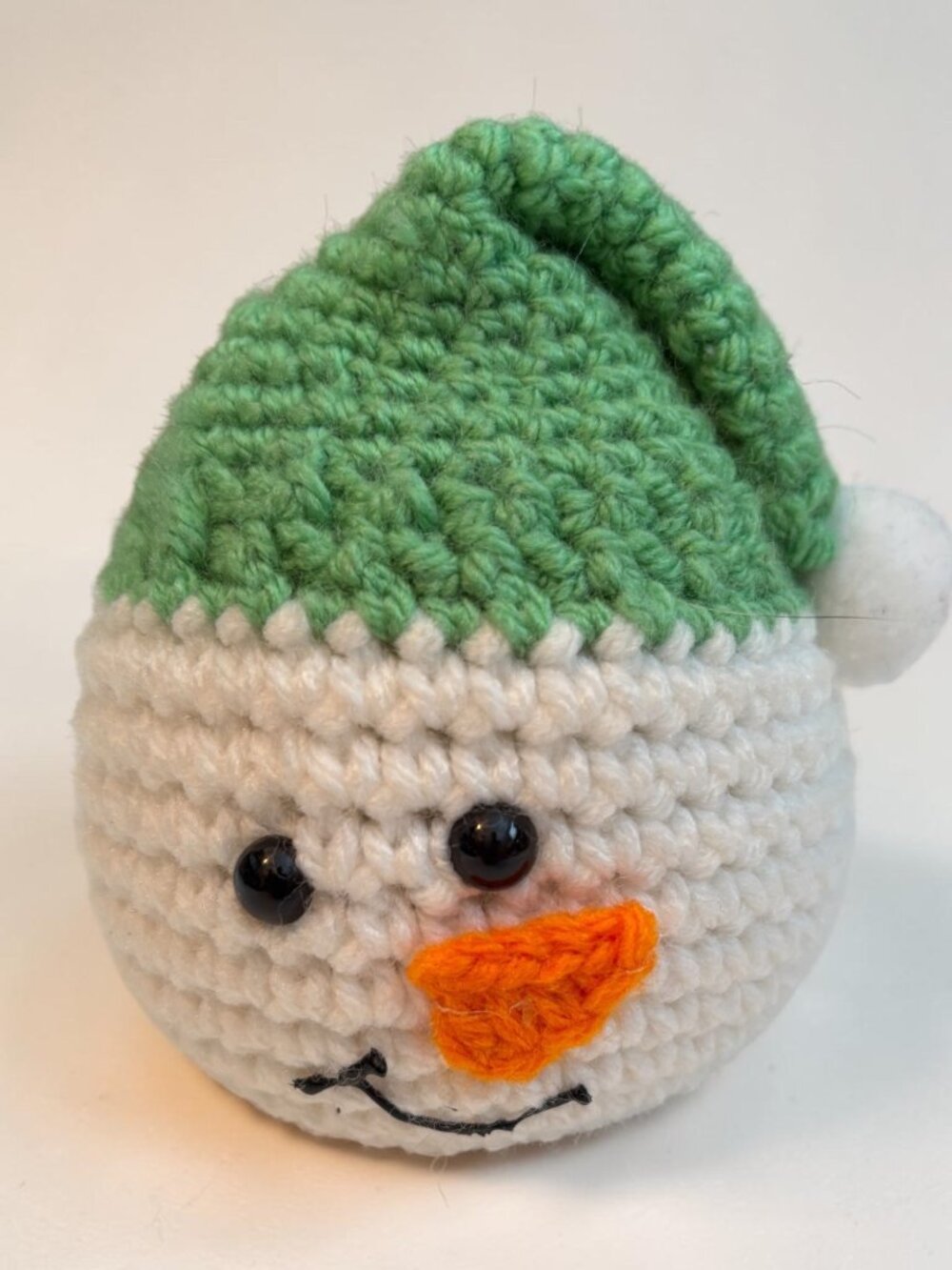 Handmade Crochet Snowman hea With Green Hat & Orange Nose Holiday Decoration 4